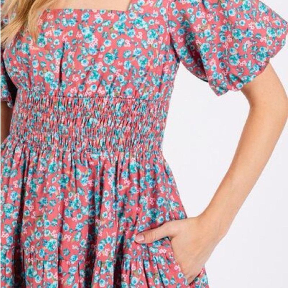 MITTOSHOP SMOCKED FLORAL SQUARE NECK PUFF SLEEVE MIDI DRESS MEDIUM 100% COTTON